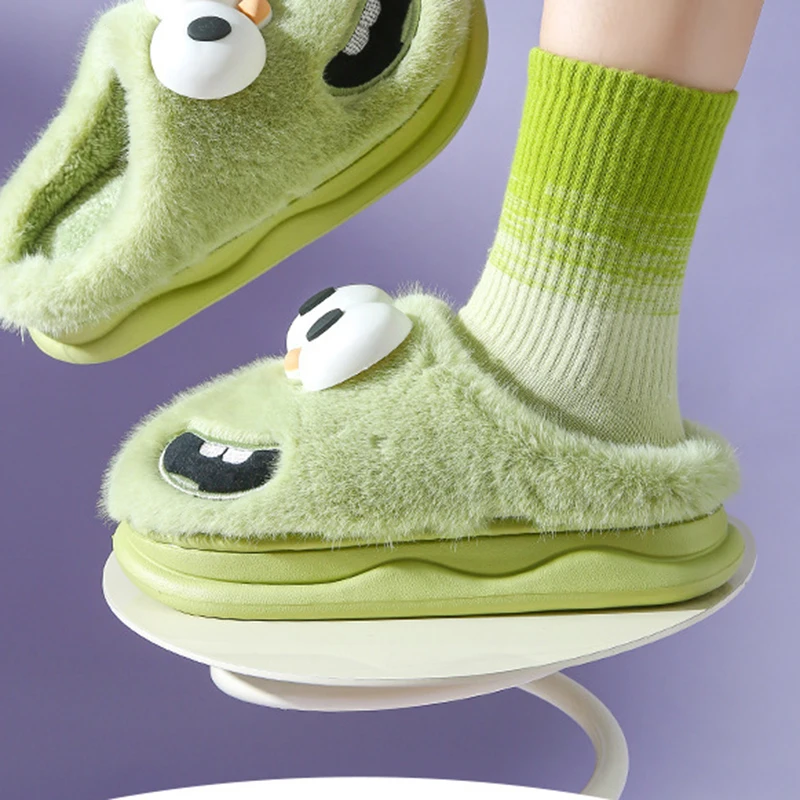 Home Cotton Slippers Female Big Eye Dog Cartoon Warm Couple Fluffy Shoes Embroidery Funny Thick Bottom Autumn Winter Cotton Drag