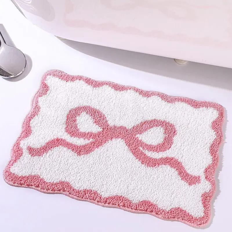 VIKAMA Darling Blush White Ruffled Bow Ribbon Border Contour Bath Rug Water Wicking Wash Area Styling Keepsake Heavy Duty Soft