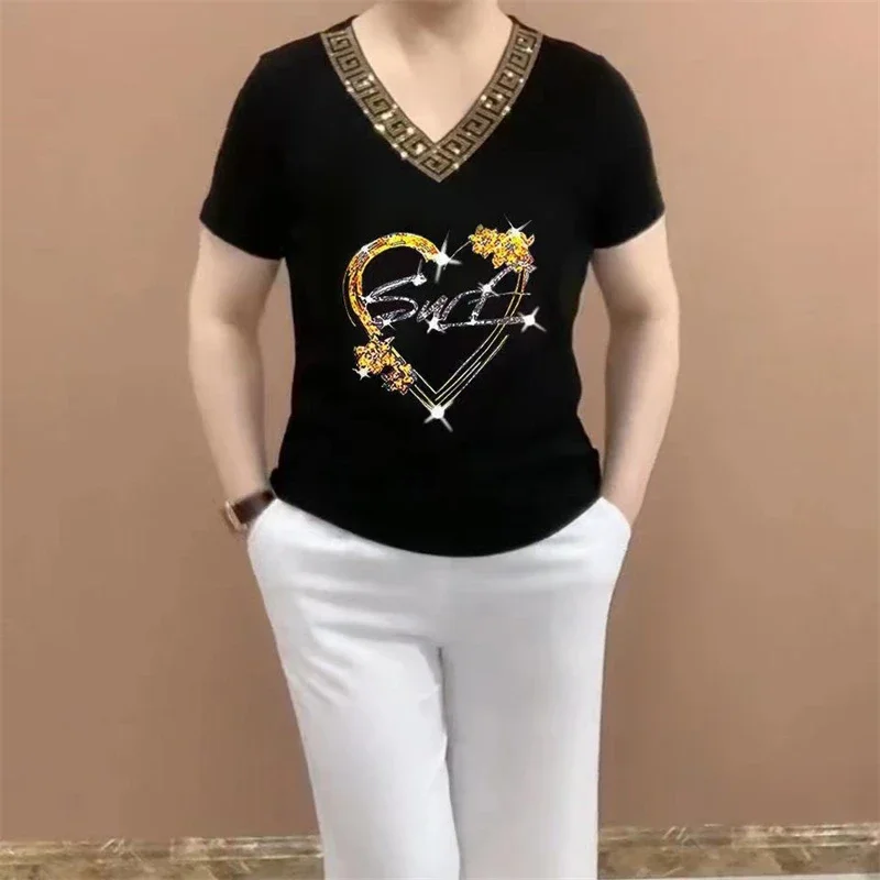 Women\'s Clothing 2024 Summer Fashion Rhinestone Elegant Short Sleeve Ice Silk T-shirts Ladies Casual V Neck Slim Fit Basic Tops