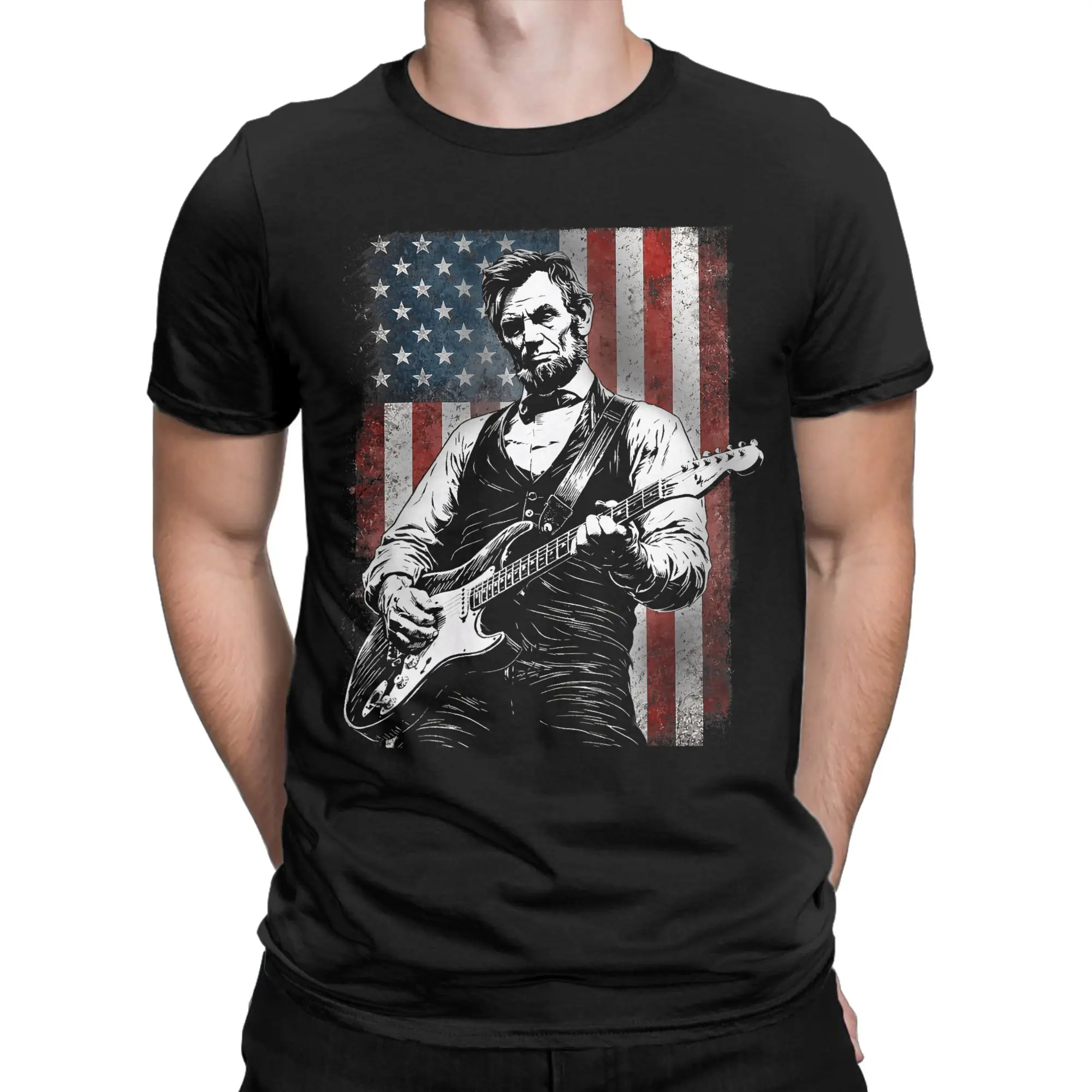 Men's President Abraham Lincoln Abe Lincoln Playing Guitar T Shirt  Cotton Clothes Awesome Short Sleeve Tees Plus Size T-Shirts