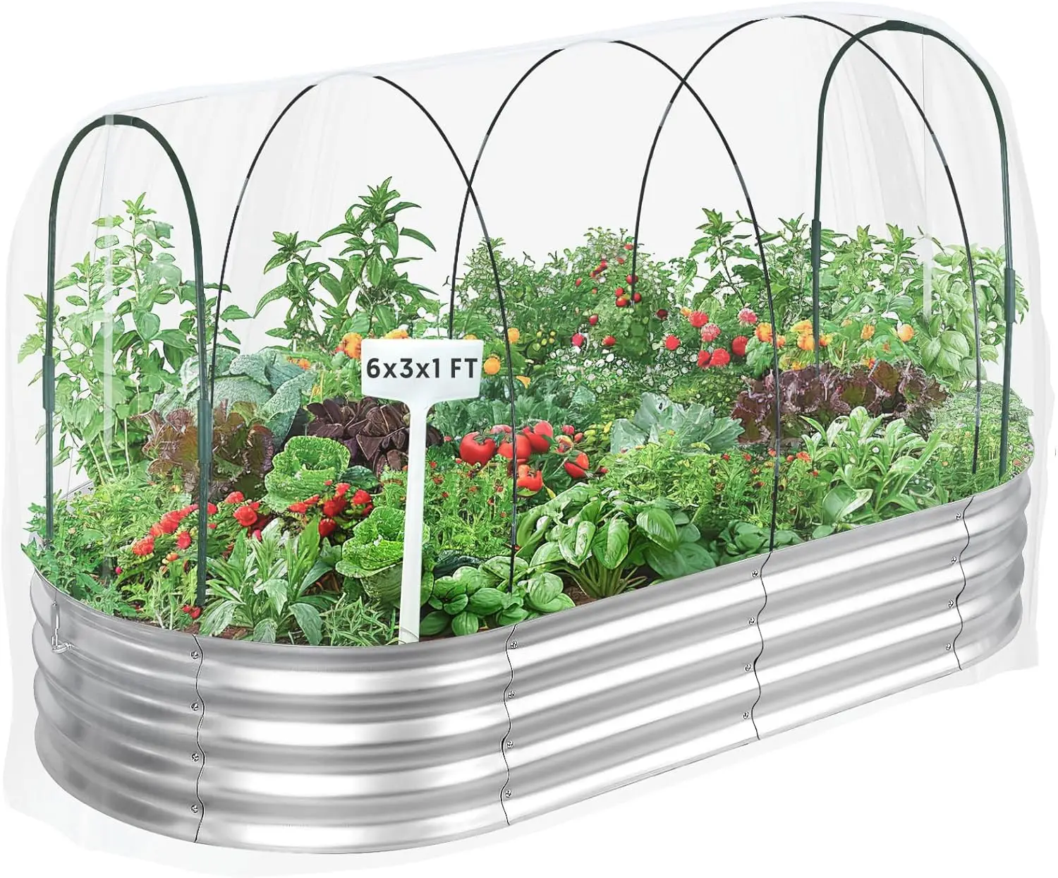 

Raised Garden Bed with Greenhouse Frame and 3 Covers, 6x3x1 FT Garden Planting Box, Galvanized Metal Oval Tall Planter Box for