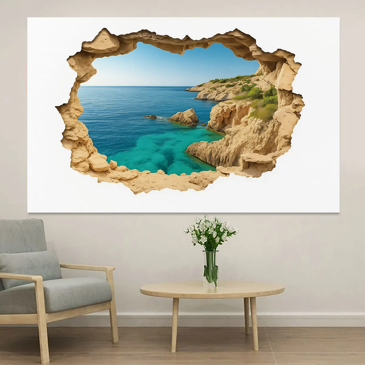 1pc Rock Wall Sea View Perforated Simulated Circular Flat PVC Wall Sticker, Art Wall Decoration For Living Room And Bedroom I