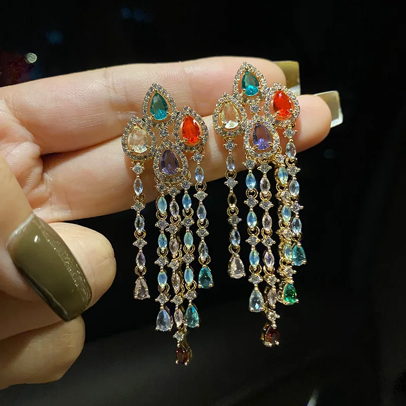 2023 Fashion Baroque Style Multicolour Zircon Earrings Sterling 925 Silver Long Tassels Dangle Earrings for Women Fine Jewelry