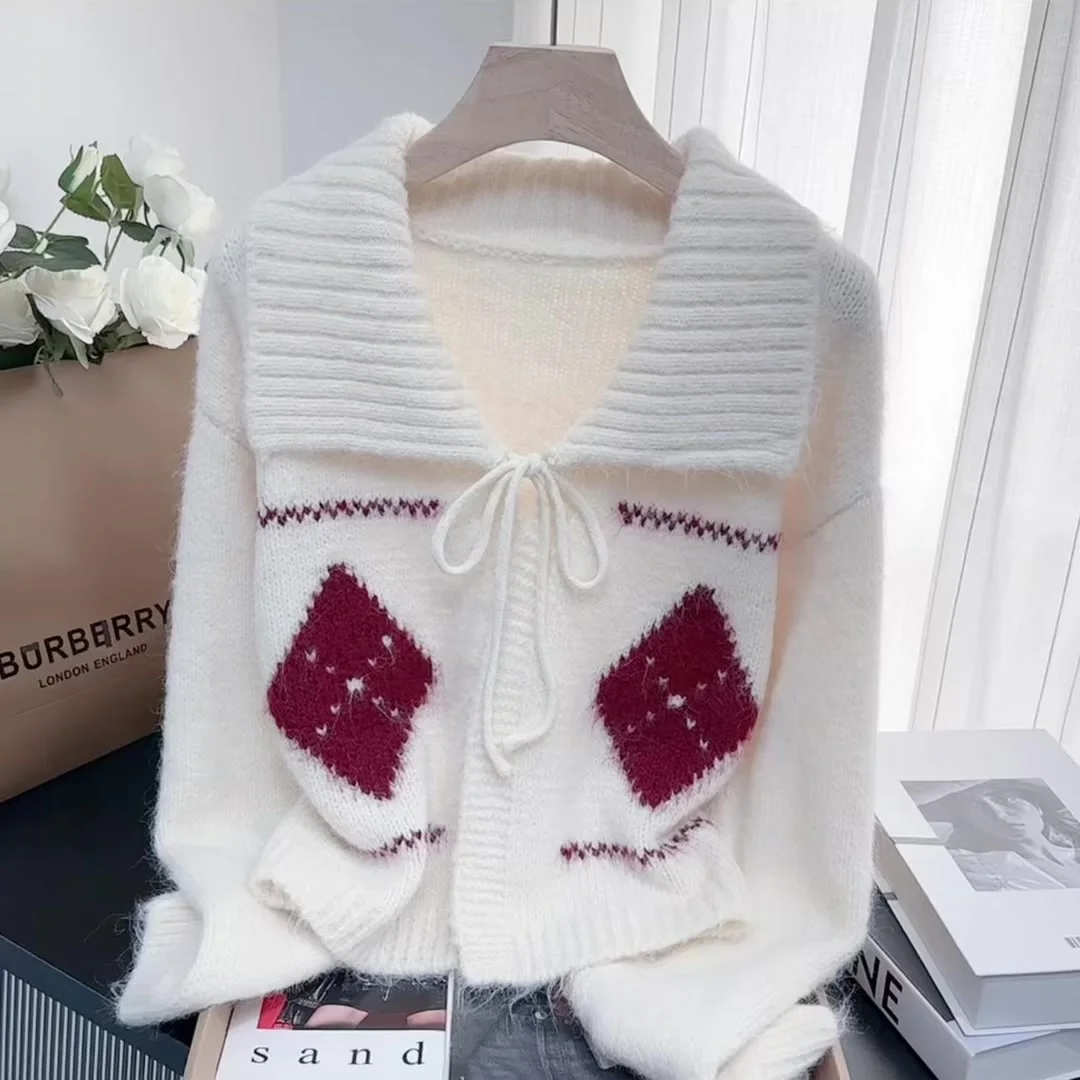 

Women White Turn-down Collar Cardigan Knit Sweater Korean Style Vintage 2000s Y2k Knitwear Long Sleeves Cashmere Sweater Autumn