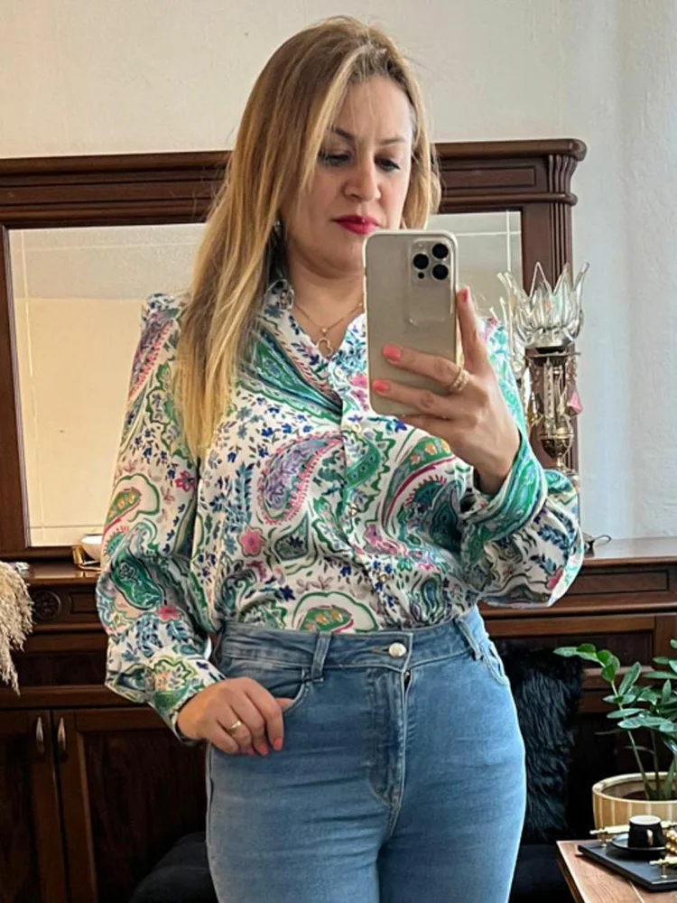 Blusa de satén de Cachemira rosa para mujer, camisa informal de manga larga con cuello vuelto, Tops Vintage para mujer 2022