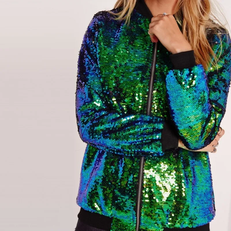 

Women Sequin Coats Solid Baseball Jackets Round Collar Long Sleeve Zipper Loose Jackets Oversize Office Lady Jacket 2025 Autumn