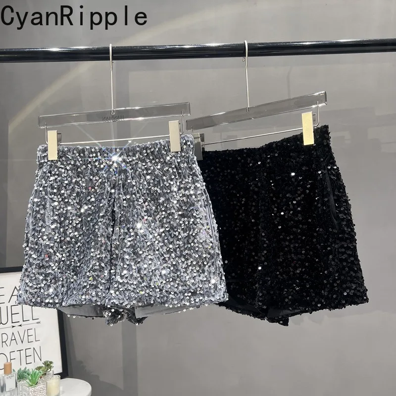 

Blingbling Shiny Sequins All-match Women Short Pants Fashion New Spring Summer Elastic Waist Casual Wide Leg Hot Shorts 9 Colors