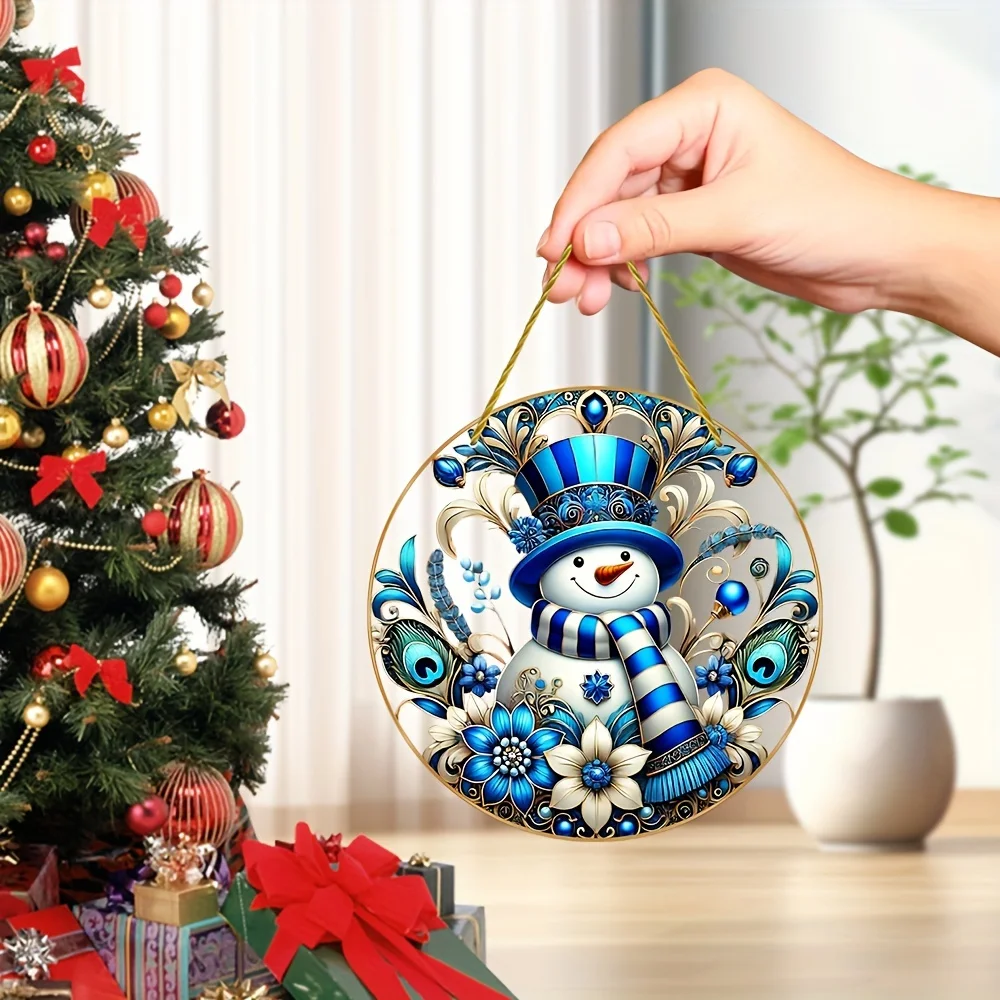 

Акриловый кулон в виде снеговика в акриловом стиле - 8-дюймовый круглый кулон в виде венка-Рождественское украшение-без электричества