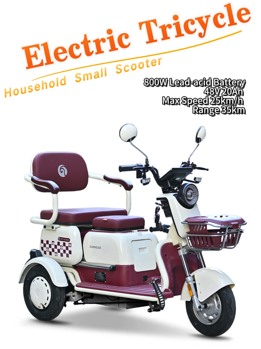800W 48V 20Ah Lead-acid Battery Electric Tricycle Max Speed 25km/h 35km Range Household Small Scooter
