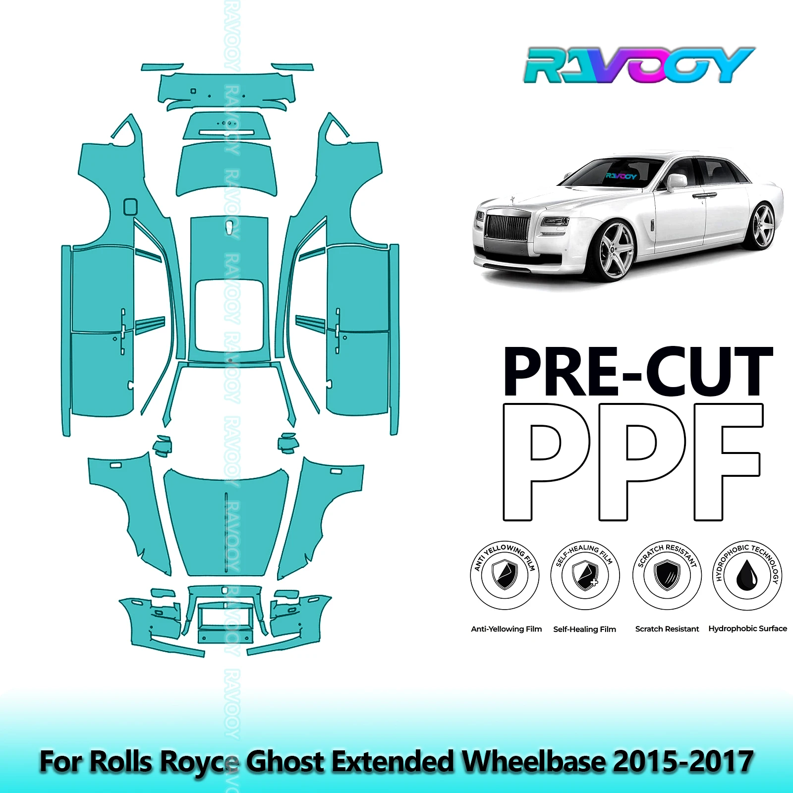 

8,5 мил, предварительно вырезанная защитная пленка для краски PPF, прозрачный бюстгальтер для автомобиля для Rolls Royce Ghost, расширенная колесная база 2015-2017