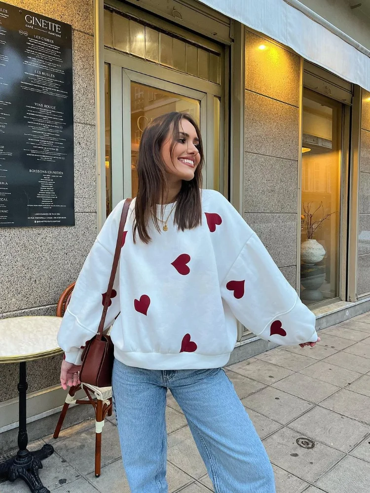 

Leisure Round Neck Heart-shaped Printed Women's Hoodie Fashion Long Sleeved Loose Fitting Pullover 2024 New Lady High Streetwear