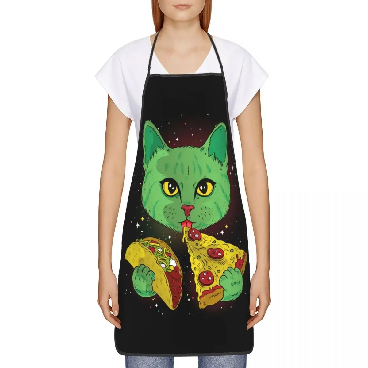 Unisex Funny Alien Cat Eating Pizza Kitchen Chef Cooking Baking Apron Men Women Cartoon Tablier Cuisine for Gardening