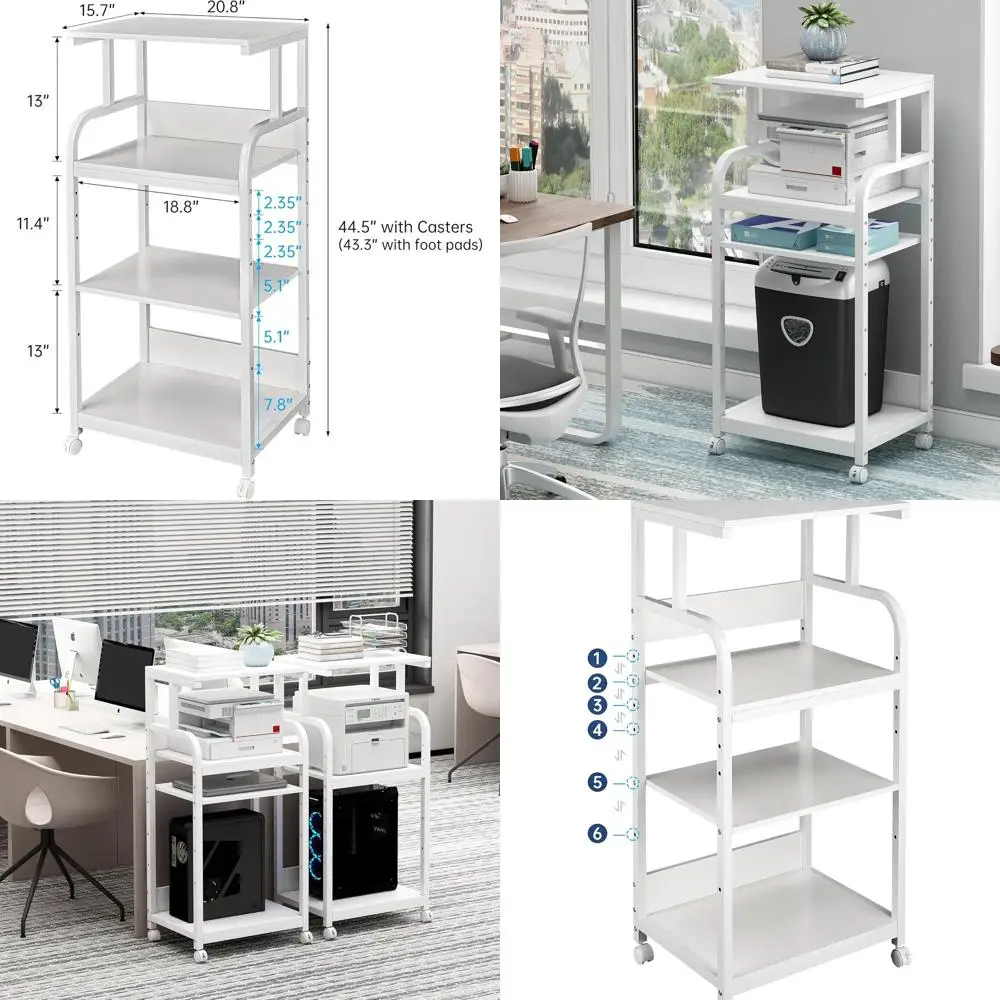

4-уровневая регулируемая подставка для принтера на колесиках для домашнего офиса, передвижная тележка для хранения и организации