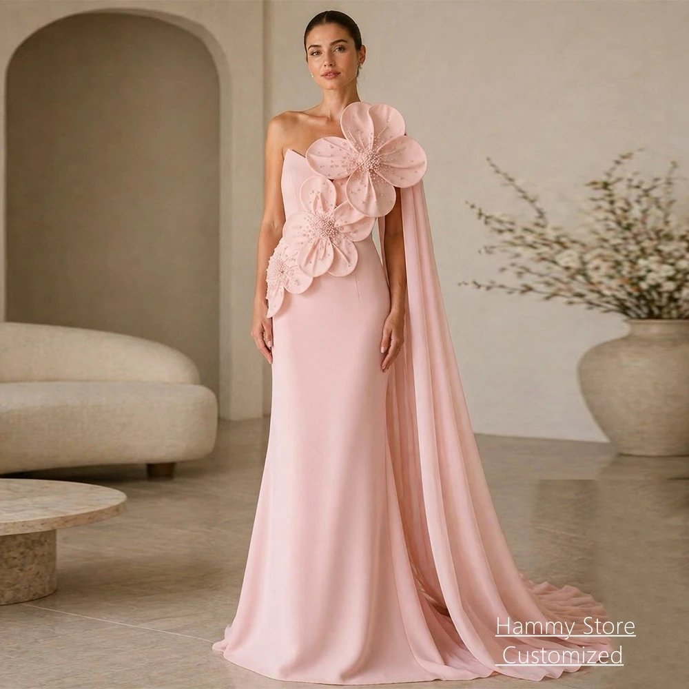 Vestido de Noche Personalizado con Flores Grandes, Un Hombro Descubierto, Sin Mangas, con Cola y Perlas, Vestido de Fiesta de Boda, Nuevo Vestido de Graduación