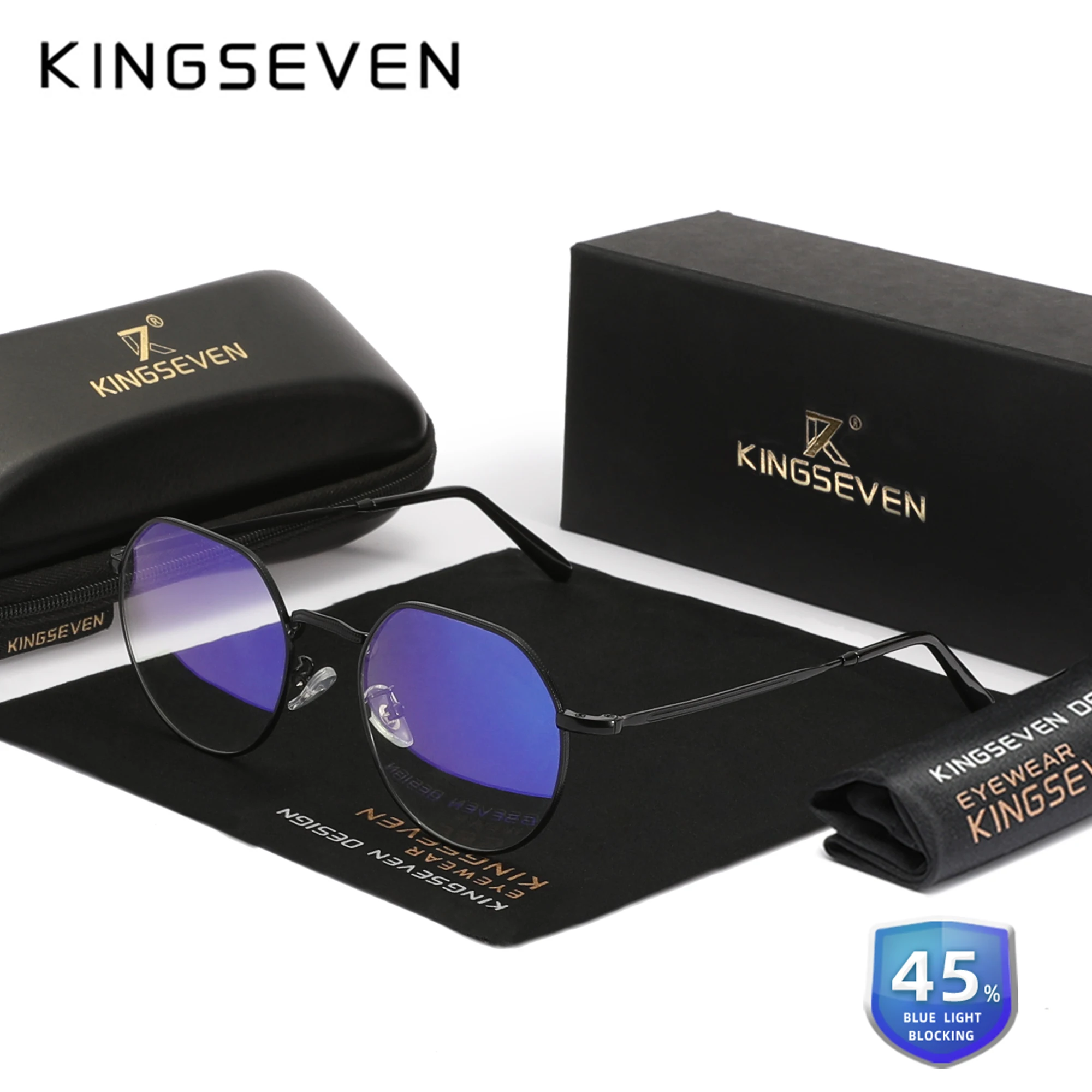 KINGSEVEN Alloy Transparent Lens Glasses Round Thin Frame Anti-Blue Light Men/Women Blue Ray Blocking Decorative Eyeglasses