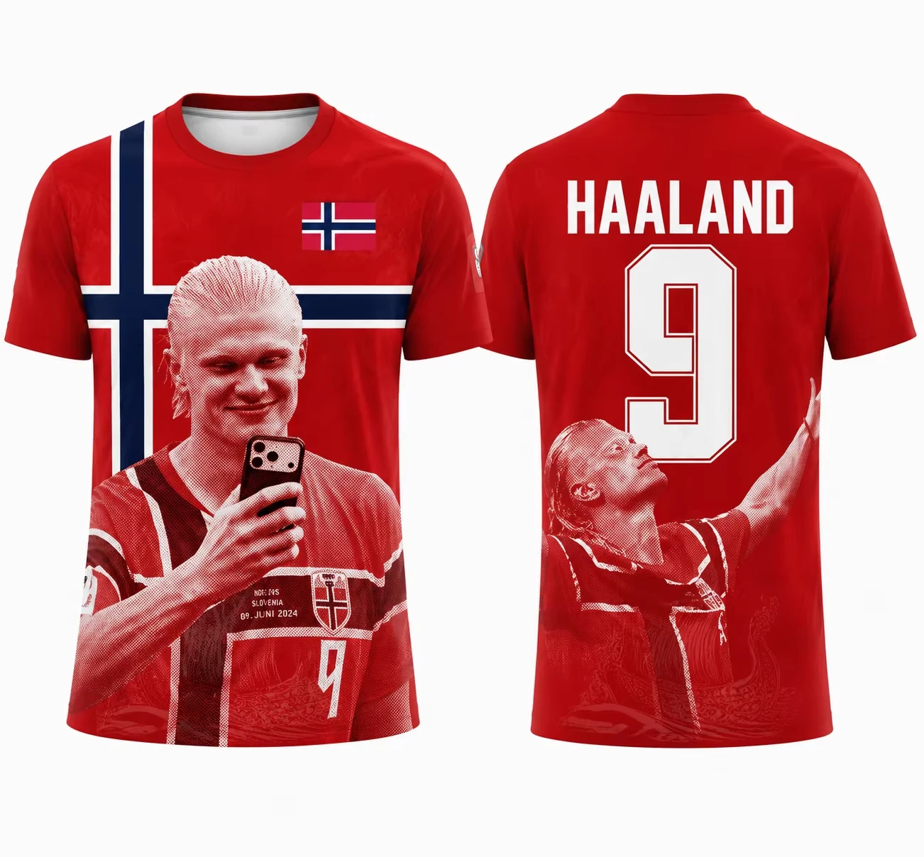 Familien-Matching Haaland # 9 Norwegen Fußball Grafik T-Shirt, Schnell Trocknendes Polyester Fußball Fan Trikot, Sport Oberteile für Eltern und Kinder