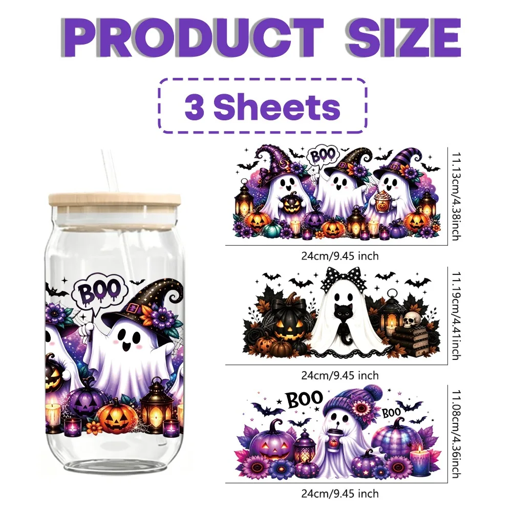 3PCS Halloween Themed UV Crystal Transfer Stickers, Waterproof DTF Decals for Water Bottles / Laptops / Phone Cases
