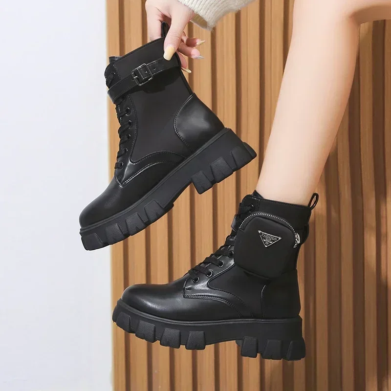 Women\'s Ankle Boots 2024 Winter Fashion Lace Up Wedges Platform Leather Oxford Shoes Ladies Motorcycle Boots Bota De Vaqueiro