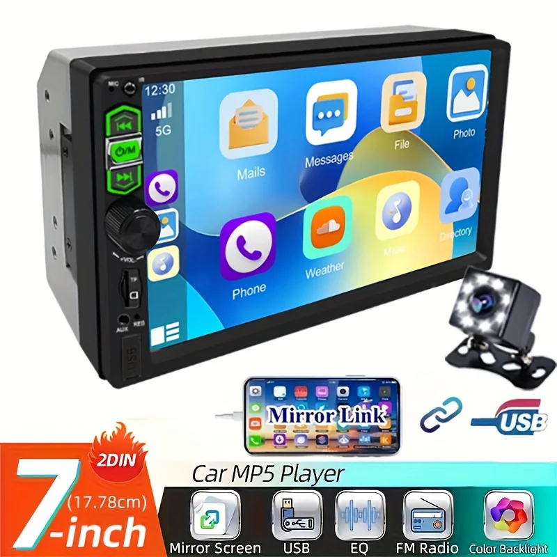 7-Inch HD Car Stereo Radio Newstyle 2 Din MP5 Multimedia Player with 8LED Backup Camera FM/USB/AUX, Steering Wheel Control