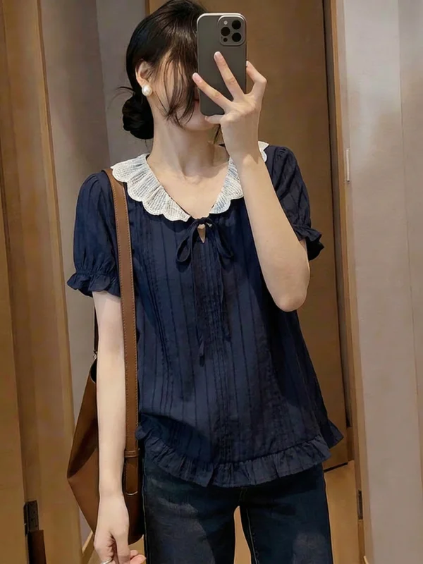 

Cobalt Blue Doll Collar Short Sleeve Women's Shirt Korean Style Loose Fit V-neck Casual Top for Younger Look And Slimming Effect