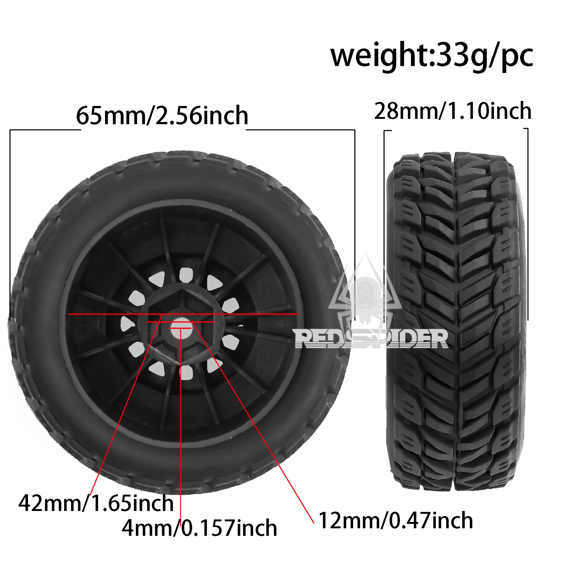 4개 RC 숏 코스 트럭 타이어 및 휠 육각 12mm 진공 타이어 OD 2.56" (1/14 1/16 1/18 RC 오프로드/온로드 ARRMA Mojave GROM 용)
