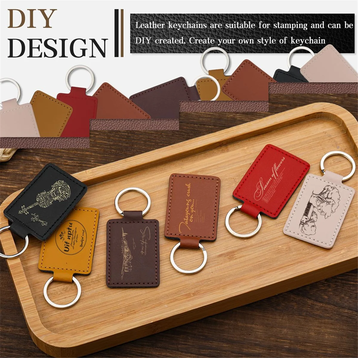 ABJY 30 Pcs Leather Key Fob Kit,Rectangular PU Leather Keychain Blanks with Keychain Rings,Engraving Keychain,DIY Crafts