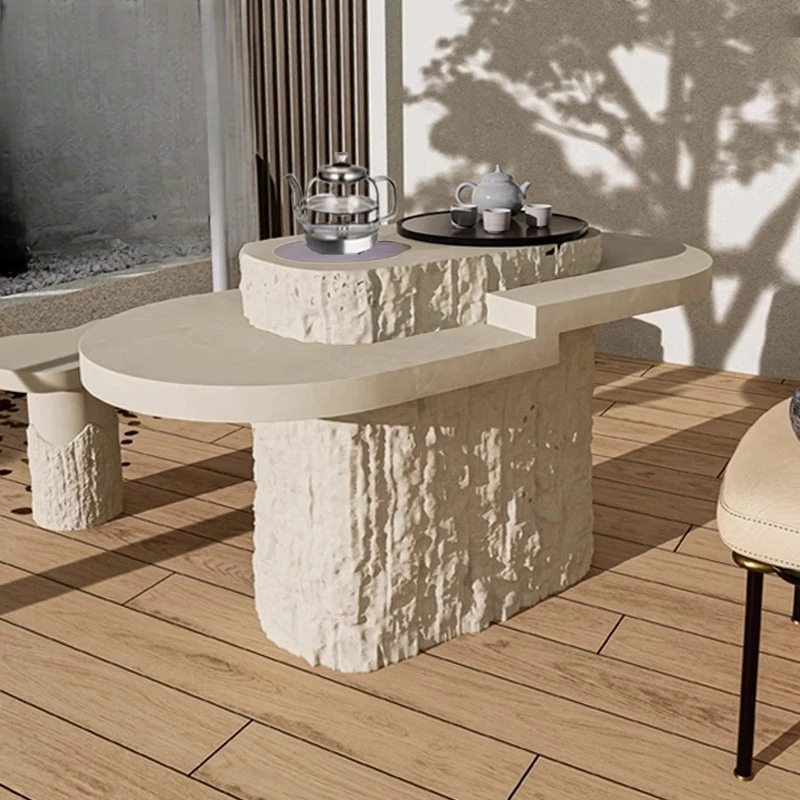 Light luxury modern high-end villa travertine, black gold stone kettle integrated tea table