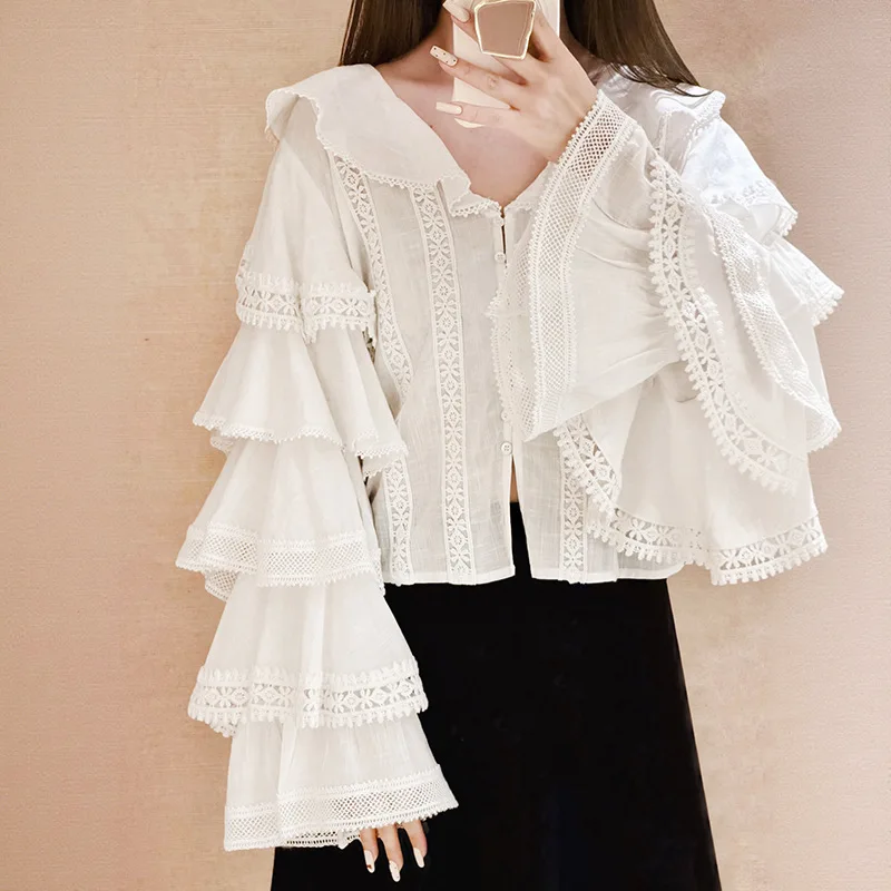 

Withered Lotus Leaf V-neck Chic Lace Layered Flared Sleeve Shirt Woman Clothes Shirts & Blouses Women's Clothes Shirts Tops