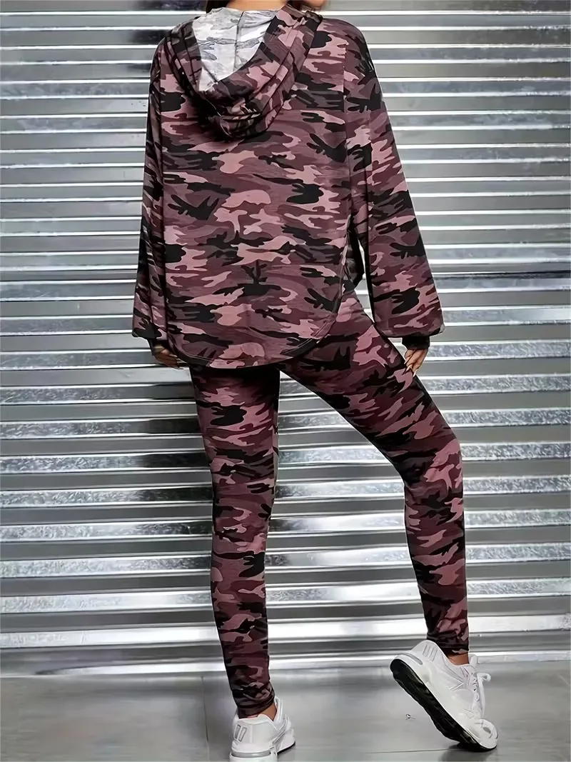 Damen Camouflage-Print Kapuzen-Trainingsanzug, Oversize Langarm-Hoodie, Jogginghose mit Bündchen, Lässige Loungewear, Zweiteiliges Outfit-Set – Detail 10
