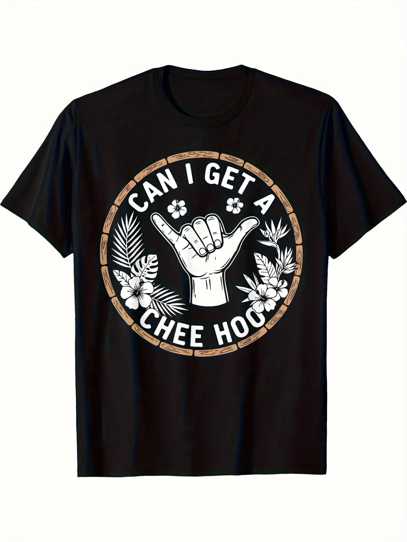 Men'S Hawaiian T-Shirt Featuring a 'Chee Hoo' Design in Black, Adorned with a Peace Sign And Tropical Flowers. Made from Lightweight Stretch Fabric, It'S Ideal for The Beach, Vacations