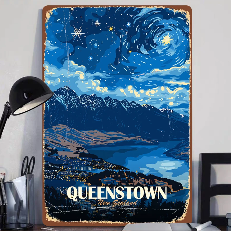 Queenstown نيوزيلندا ليلة مليئة بالنجوم الحديد اللوحة فان جوخ نمط المشهد جدار ديكور فني لغرفة المعيشة