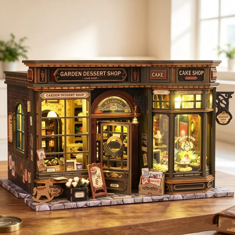 DIY Wooden Garden Dessert Shop Ornament With Lights Model Handmade Assembly Bricks Cottage House Toys Craft Kit Christmas Gifts