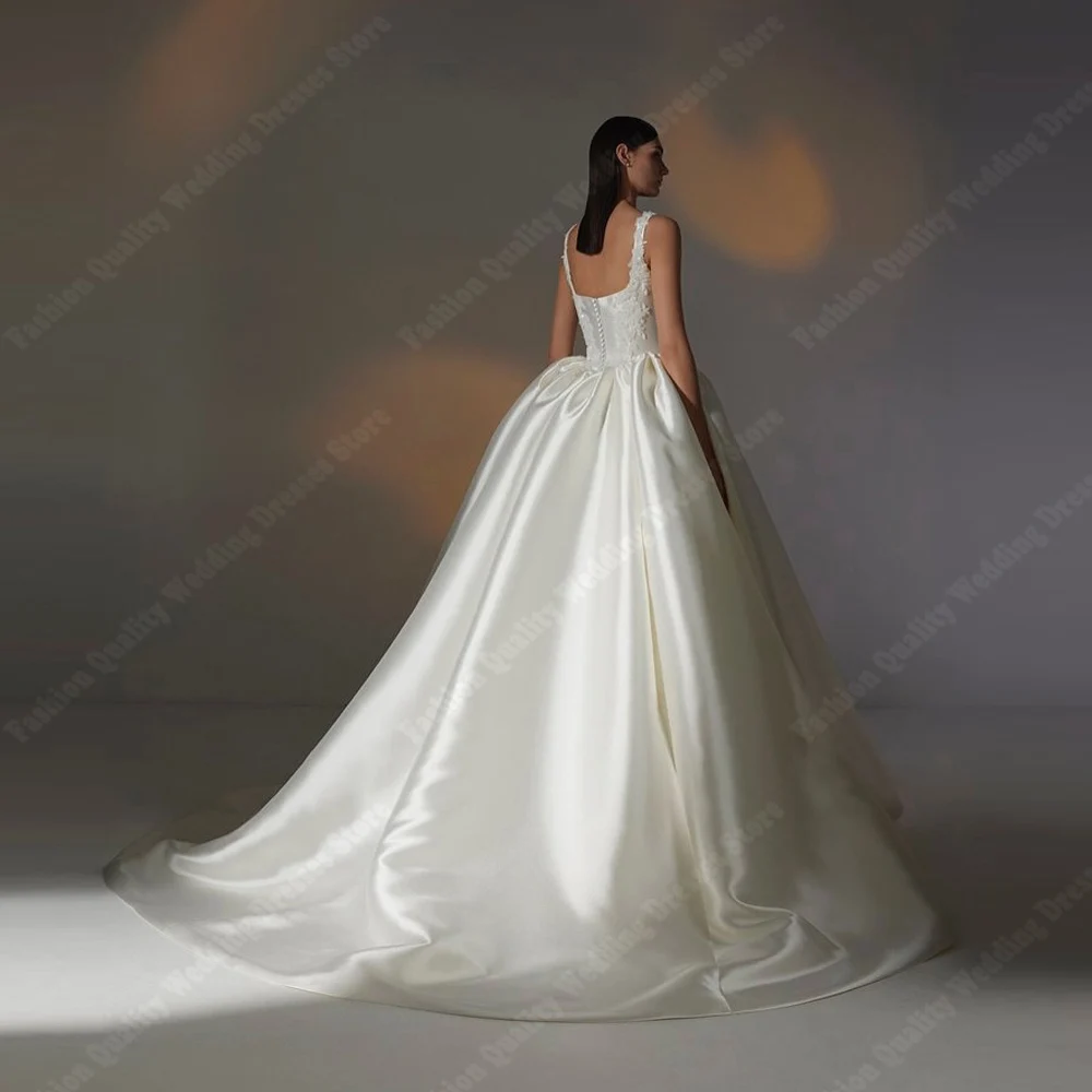 Suknie ślubne 2025 z kwadratowym dekoltem, linia A, eleganckie, błyszczące satynowe suknie dla panny młodej, długość do ziemi, bankietowe Vestidos De Novias, szyte na miarę.