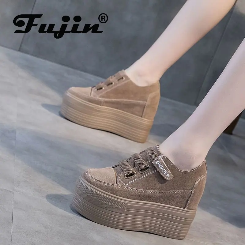 Fujin 12cm Suede Genuine Leather Women Shoes Wedge High Heel Platform Casual Breathable Casual Winterr Shoes Women Ankle Boots