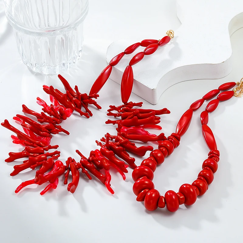 2Pcs Vintage Exaggerated Red Coral Necklace For Women Girls Fashion Boho Style Statement Retro Necklaces Fine Jewelry Gifts