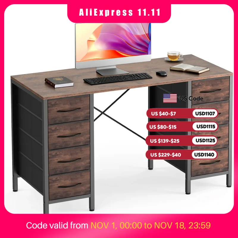 MCQ 47 Inch Standing Office Computer Desk with 8 Fabric Drawers Ergonomic X-Shaped Reinforced Structure Writing Study Work Table Gaming Table for Home Office Use Workstation ﻿
