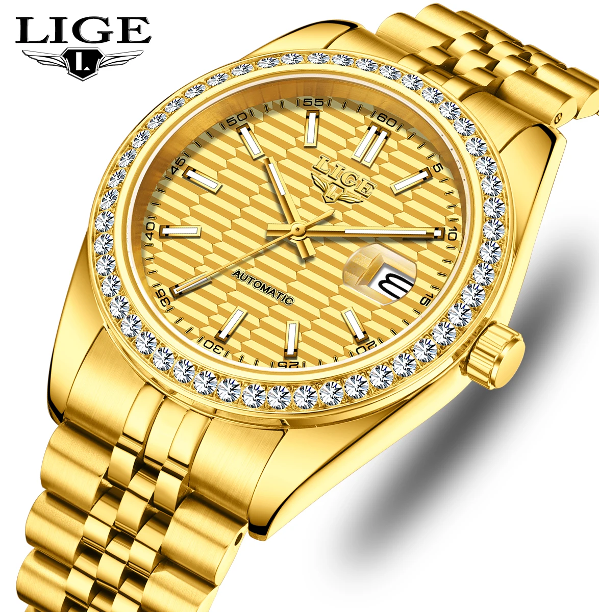 

LIGE Золотые мужские часы Классические оригинальные автоматические механические часы для мужчин Водонепроницаемые светящиеся часы из нержавеющей стали Relojs + коробка