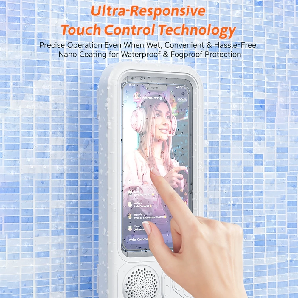 Waterproof Touchscreen Phone Case Wall Mount Bathroom Phone Holder Bracket Drill-free with bluetooth Speaker for Shower Use