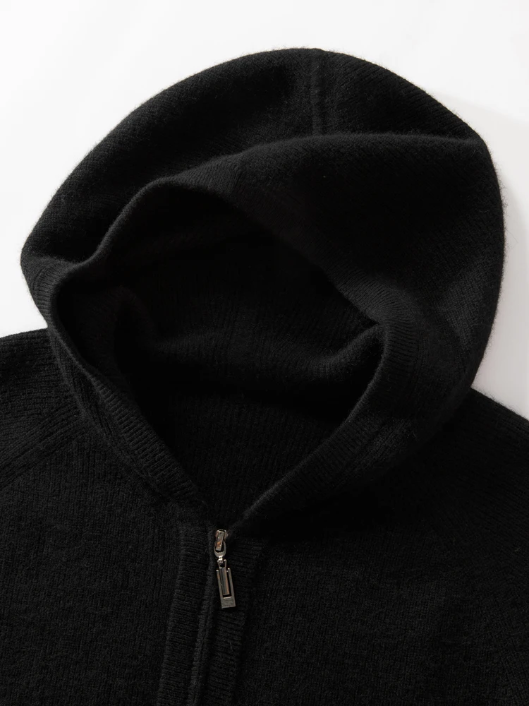 New Men's 100% Goat Cashmere Cardigan Sweater Autumn Winter  Hooded Zipper Knitwear Thick Warm Casual Soild Outerwear Jackets