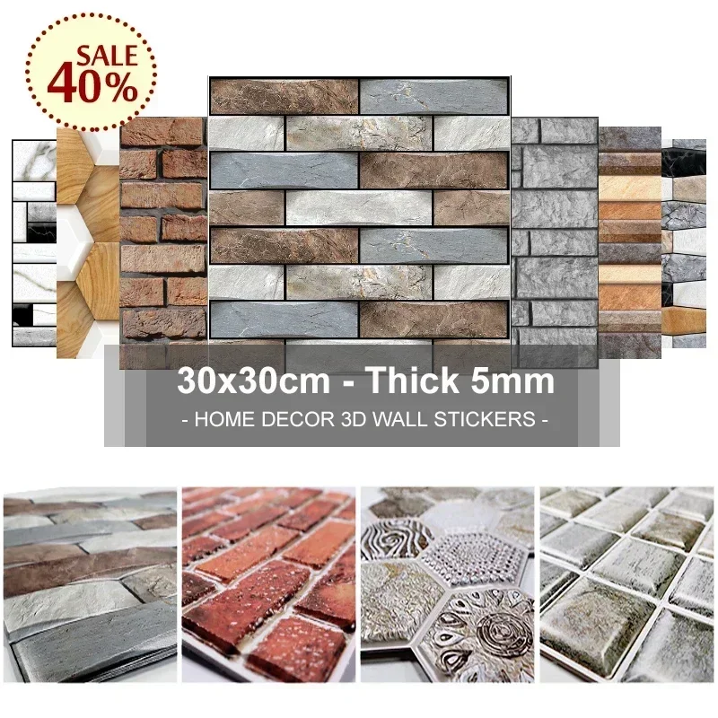 

3D Wall Stickers 30x30cm and Oil Proof Not Fade wall papers Imitation Brick Tile Stone grain cobblestone Home Decorate