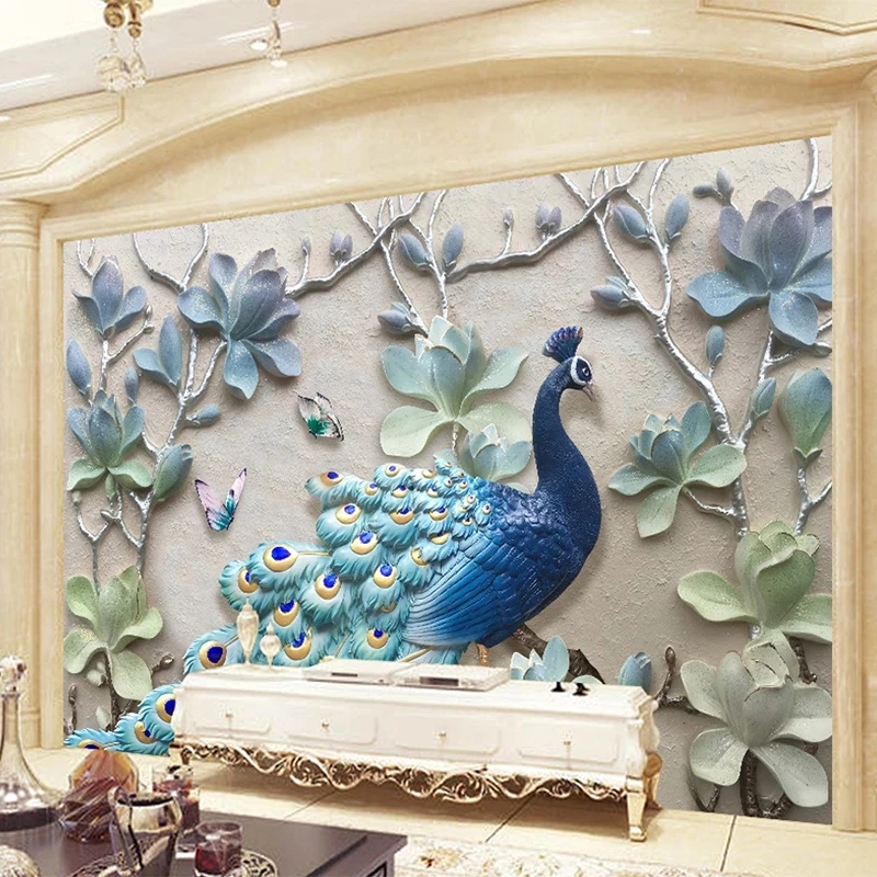 Customized Photo Wallpaper 3D Relief Peacock Flowers Mural Living room TV background wall bedroom restaurant animal butterfly 8d
