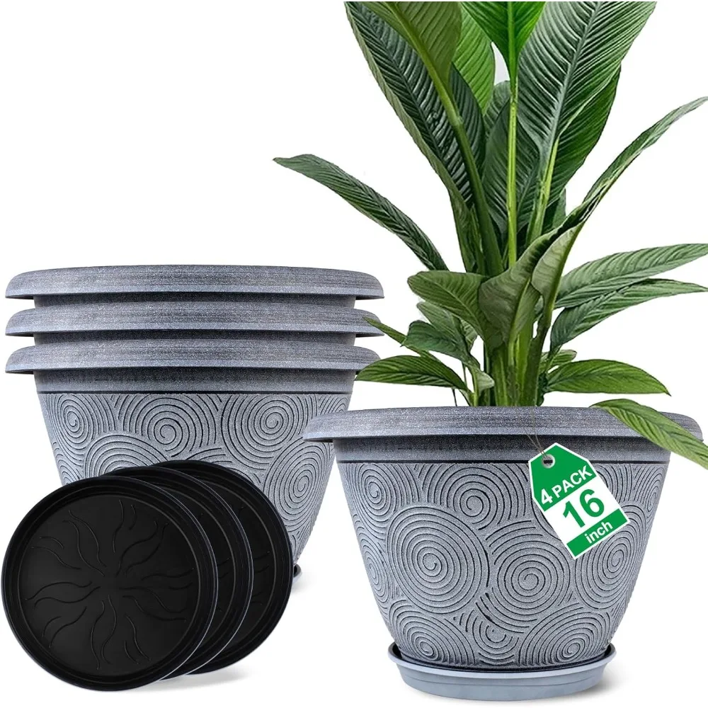 

Planter Pot for Plants Indoor Outdoor, 4 Pack Plastic Flower Pots with Drainage Hole & Tray, Modern Decorative Garden Pot