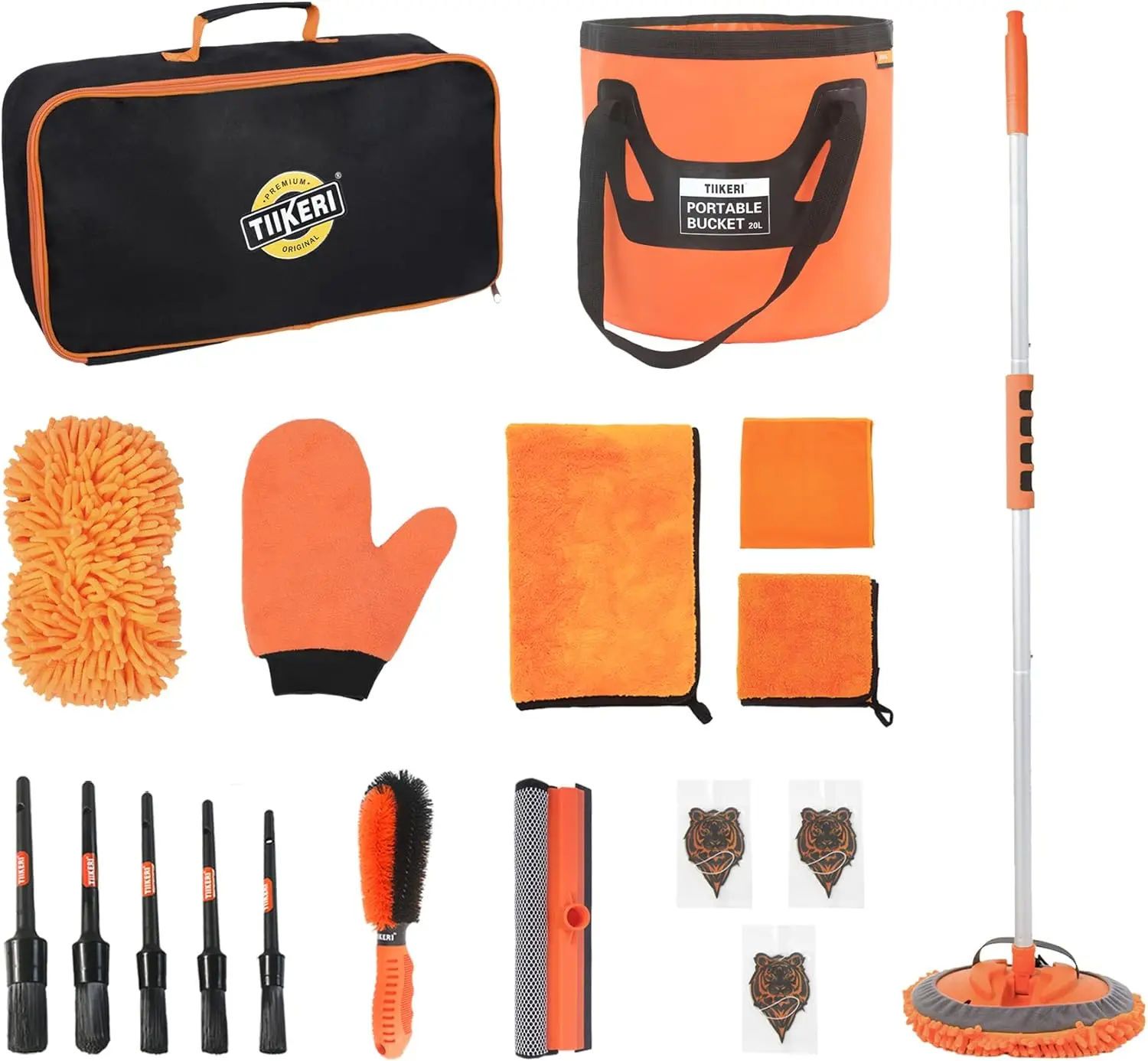 Car Wash Kit - 14-piece set of professional cleaning tools with portable bucket, adjustable brush microfiber towel gloves sponge