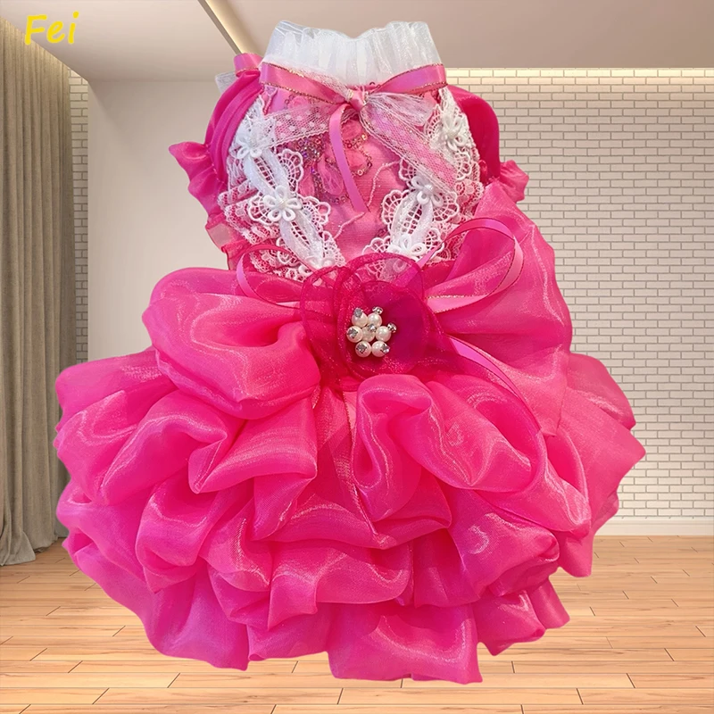 

Princess Lace Dog Dress Rose Red - Luxury Cotton Crystal Bow Party Outfit for Small Poodle Puppy Wedding Celebration Formal Gown