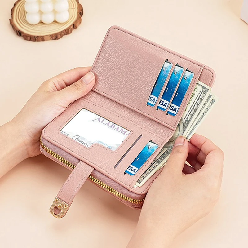 محفظة نسائية مع جيب للعملات المعدنية بسحاب محافظ من جلد البولي يوريثان للنساء محافظ بنمط ليتشي وحقائب يد وحقائب نقود Simole Billfold #4