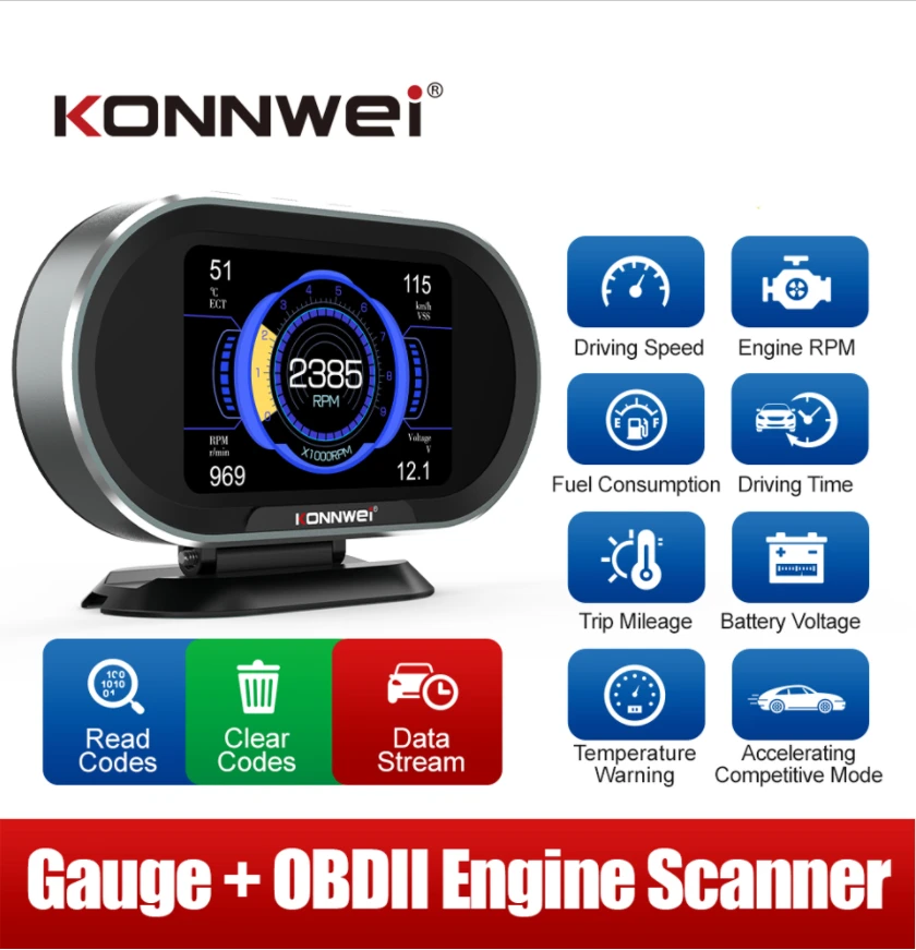 KONNWEI KW206 HUD Digital Display Car Scanner Fuel Consumption Temperature Gauge