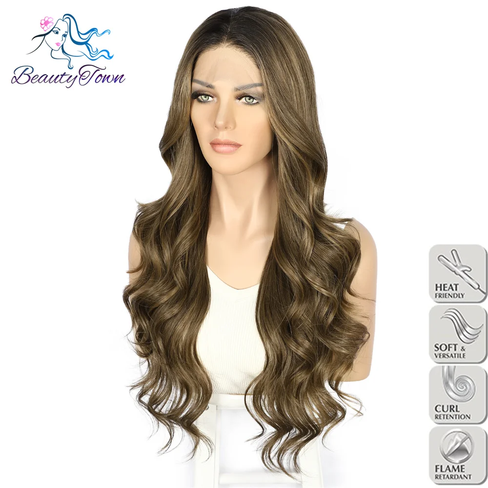 New Autumn 2023 13x3 Synthetic Lace Front Wig Dark Brown Highlight Long Wavy Swiss Transparent Lace Women Daily Wear Wig