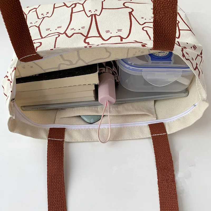 Leinwand-Handtasche für Frauen, 2023, modisch, niedliche Katze, Messenger-Taschen mit Reißverschluss, Designer-Tasche, Damen-Cartoon-Schulter-Shopper-Taschen – Detail 18