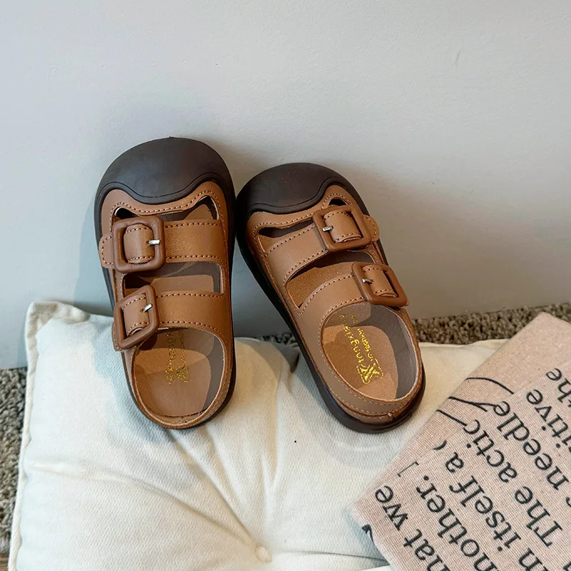 Fashion Belt Buckle Sandals for Kids Baotou Hollow Beach Shoes Children Soft Sole Non-slip Sport Sandals Boys Girls Size 23-33