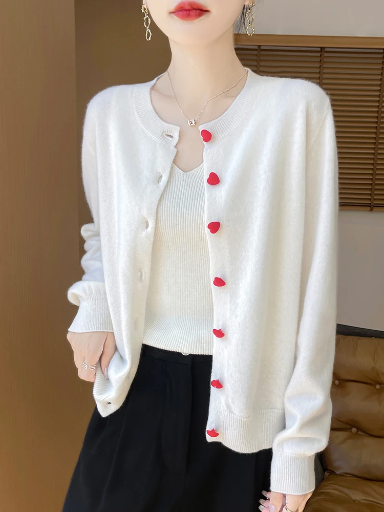 Alisreaching-Cardigan en laine mérinos pour femme, pull en cachemire, pull à manches longues, document solide, chaud et doux, printemps, automne,